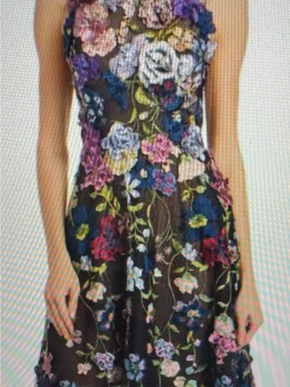 Marchesa Strapless Black Mesh Dress with Multicolor Floral Embroidery